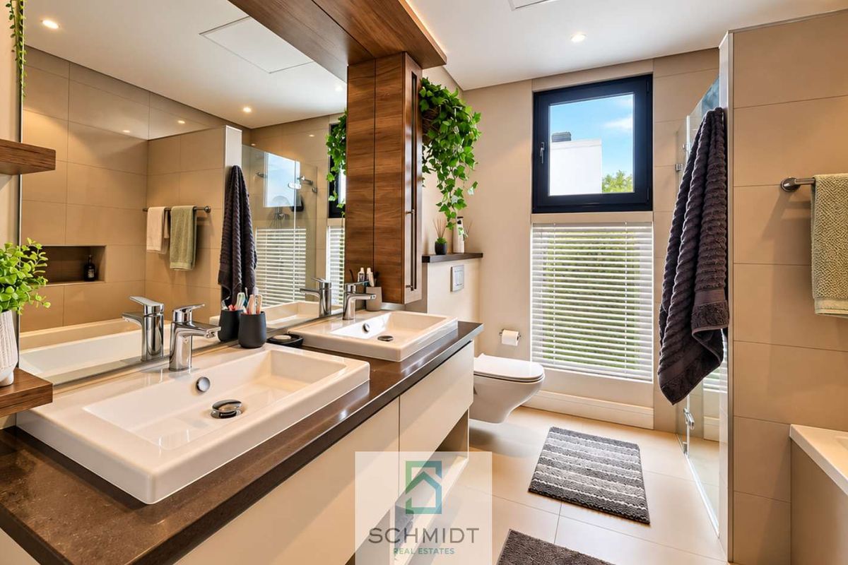 Modern bathroom featuring a double vanity, wall-mounted toilet, walk-in shower, and high-quality tiled finishes with ample natural light.