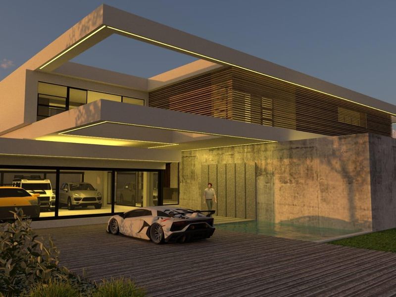 Modern architectural residence featuring a striking concrete facade, timber screening, integrated lighting, and a sleek glass-fronted garage with a private water feature.