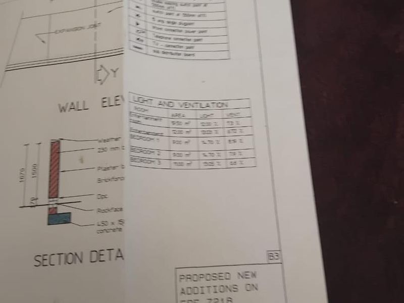 A technical architectural drawing showing wall section details, electrical legends, and light and ventilation schedules for proposed property additions.