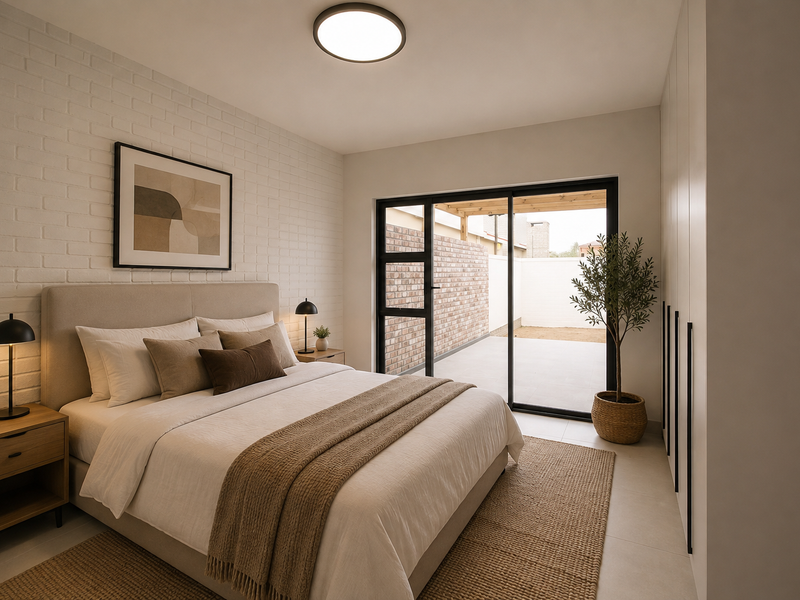 Modern bedroom featuring a textured brick feature wall, built-in wardrobes, and large sliding glass doors providing direct access to a private patio area.