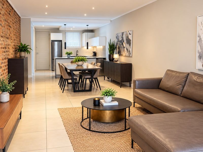 A modern open-plan living and dining area featuring an exposed brick feature wall, sleek tiled flooring, and a contemporary kitchen with integrated cabinetry.