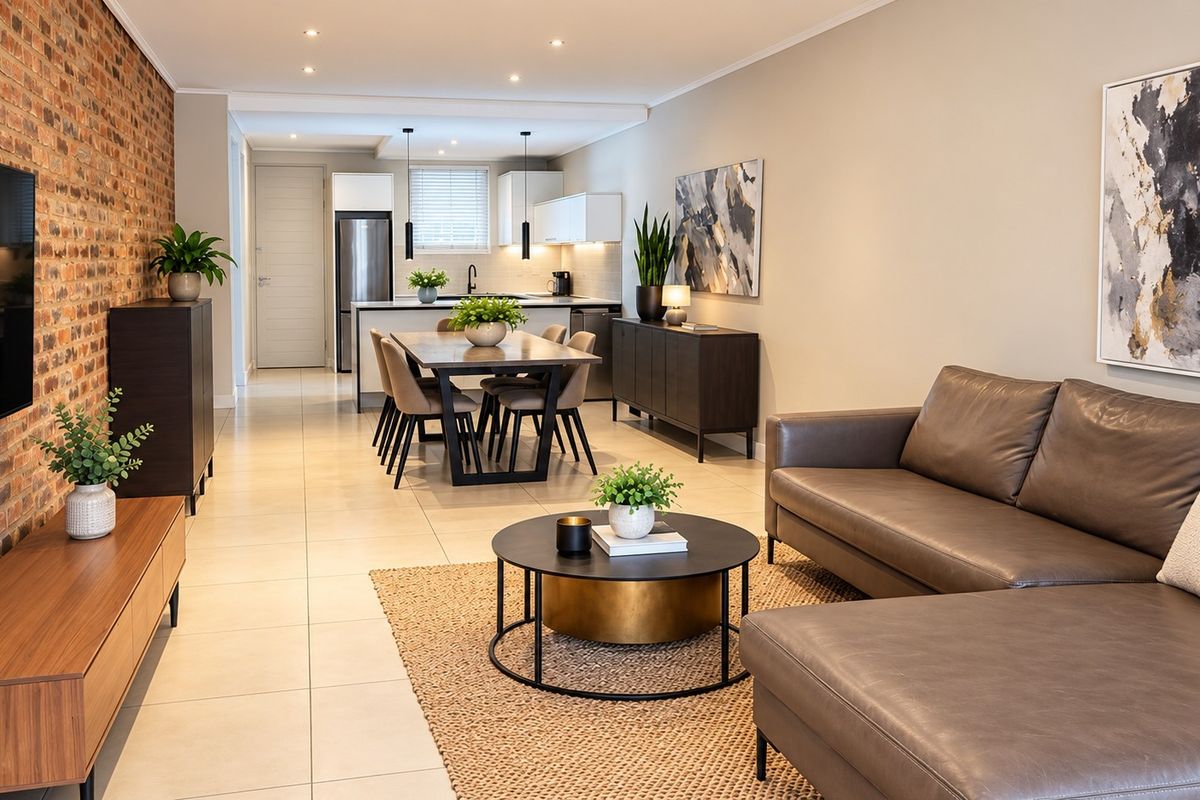 A modern open-plan living and dining area featuring an exposed brick feature wall, sleek tiled flooring, and a contemporary kitchen with integrated cabinetry.