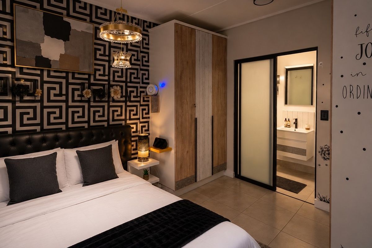 Modern bedroom featuring built-in cabinetry, tiled flooring, and an integrated en-suite bathroom with a vanity basin and sliding door access.