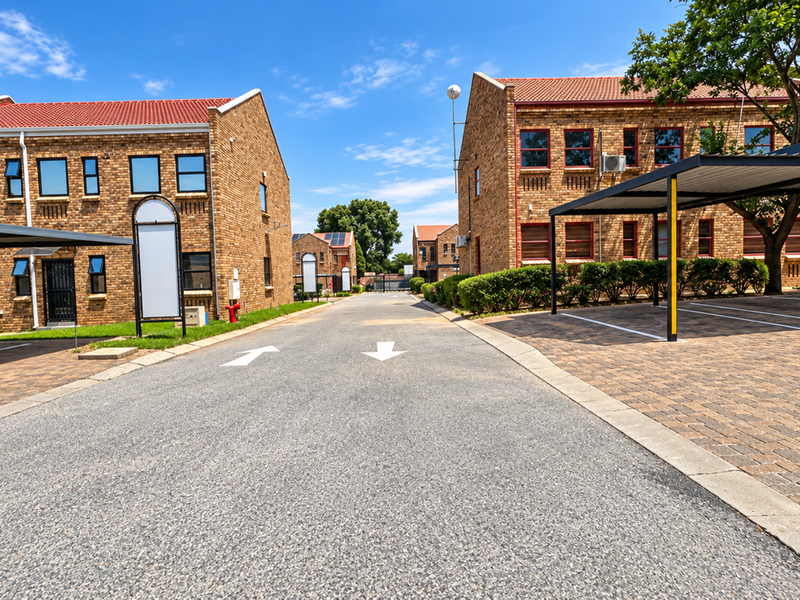 A well-maintained business park complex featuring face brick buildings, paved driveways, and covered parking bays under a clear blue sky.