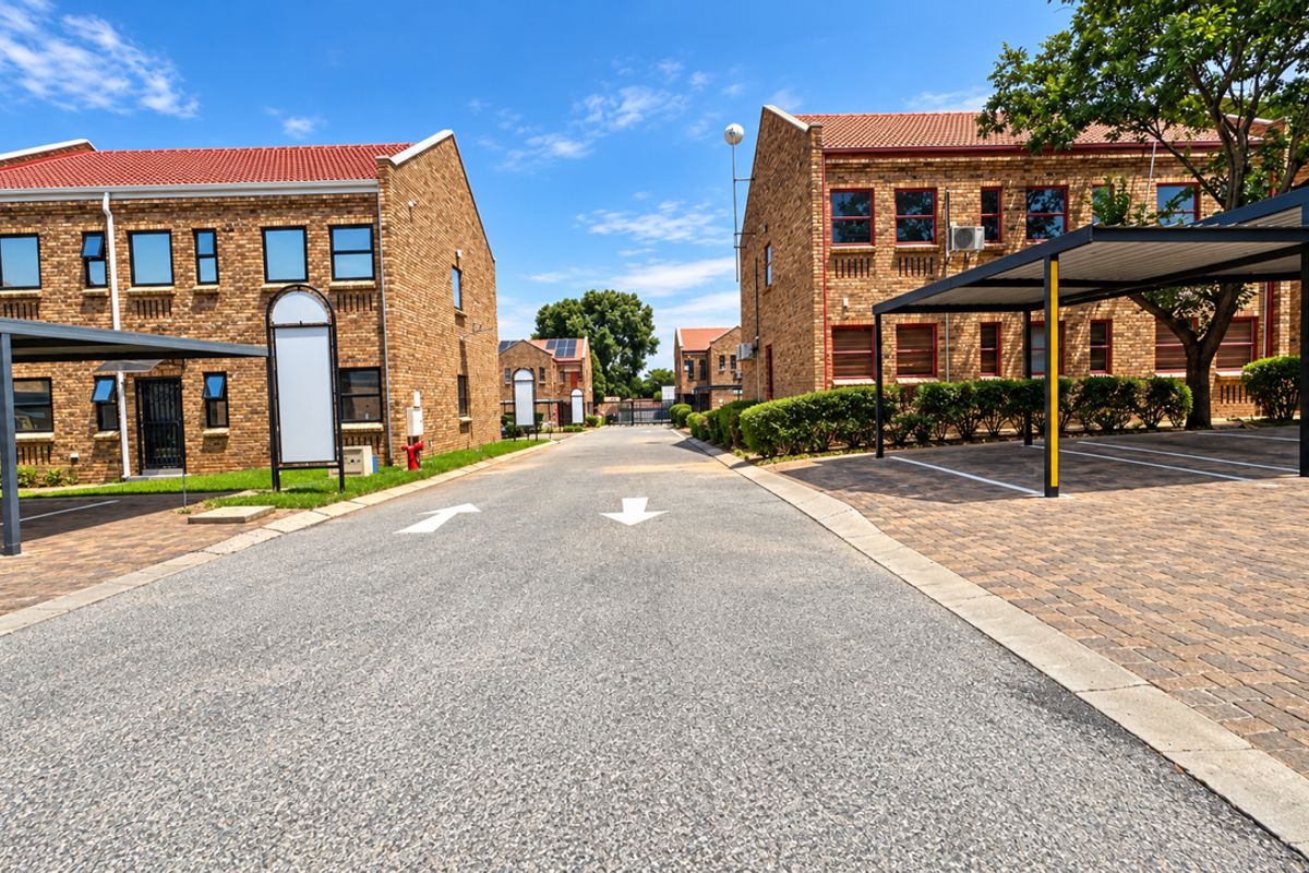 A well-maintained business park complex featuring face brick buildings, paved driveways, and covered parking bays under a clear blue sky.