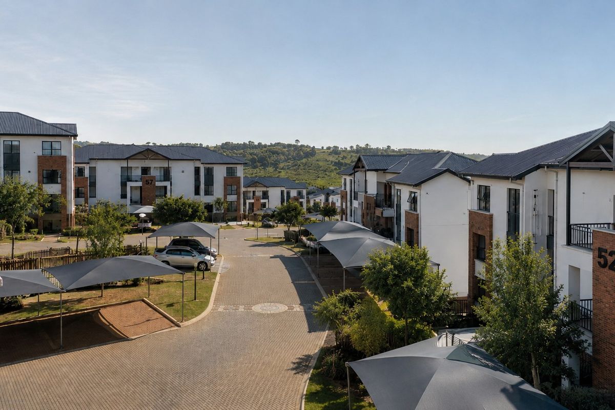 An elevated view of a modern apartment complex featuring paved driveways, covered parking bays, and well-maintained landscaped grounds.