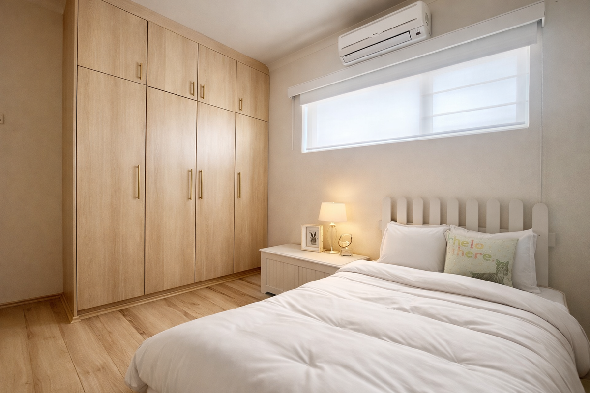 A well-maintained bedroom featuring light wood-look flooring, extensive built-in floor-to-ceiling cabinetry, and a wall-mounted air conditioning unit.
