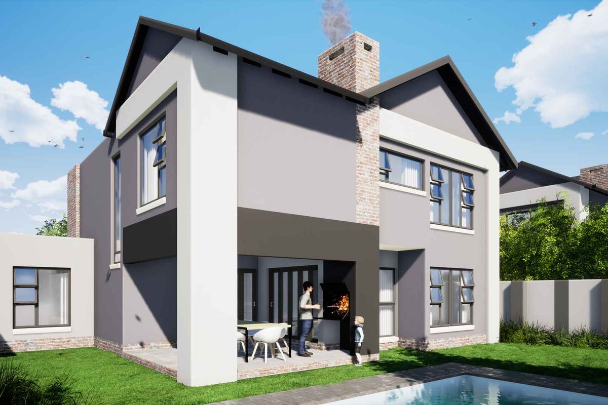 Rear view of a modern double-storey cluster home featuring a covered patio with built-in braai, swimming pool, and landscaped garden.