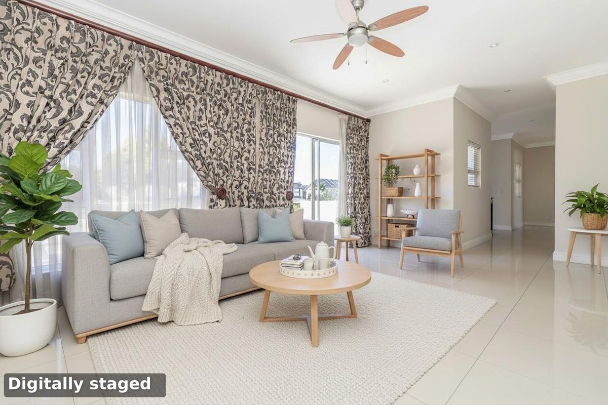 A bright and spacious living room featuring polished floor tiles, recessed downlighting, and large sliding glass doors leading to the exterior.