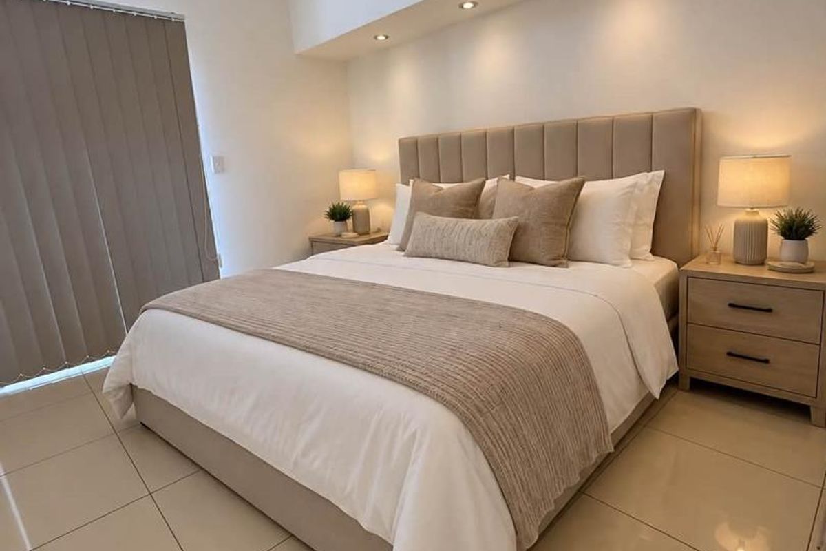 A modern, well-lit bedroom featuring neutral tiled flooring, a bulkhead ceiling with recessed lighting, and vertical blinds for privacy.