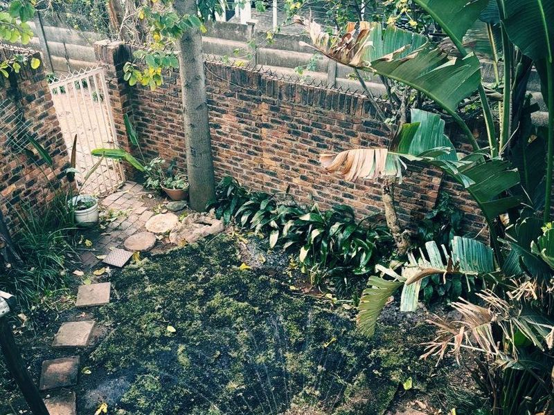 A private rear garden featuring a brick boundary wall, metal security gate, and paved pathway, currently requiring landscaping and maintenance.