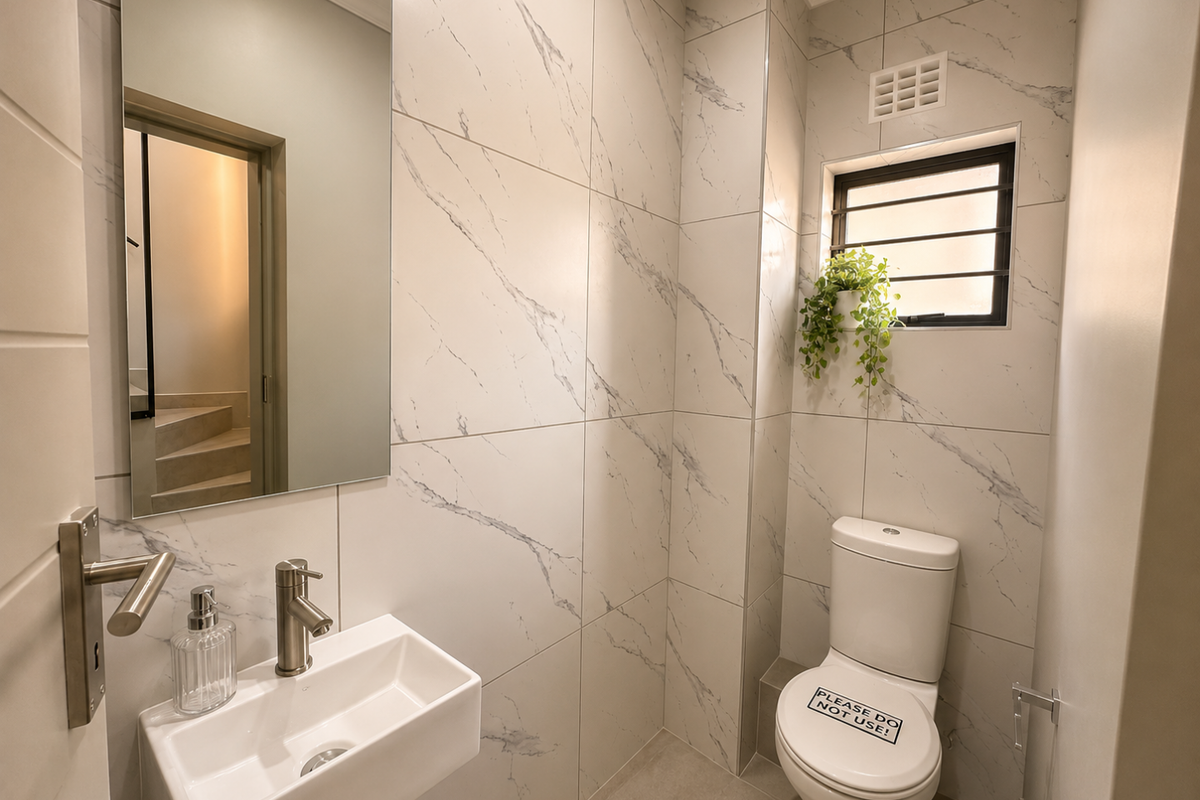 Modern guest bathroom featuring floor-to-ceiling marble-look wall tiles, a wall-mounted basin with contemporary tapware, and a sleek toilet.