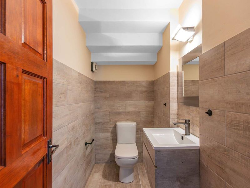 A modern, well-maintained bathroom featuring wood-look wall and floor tiles, a sleek vanity with integrated basin, and a classic timber door.