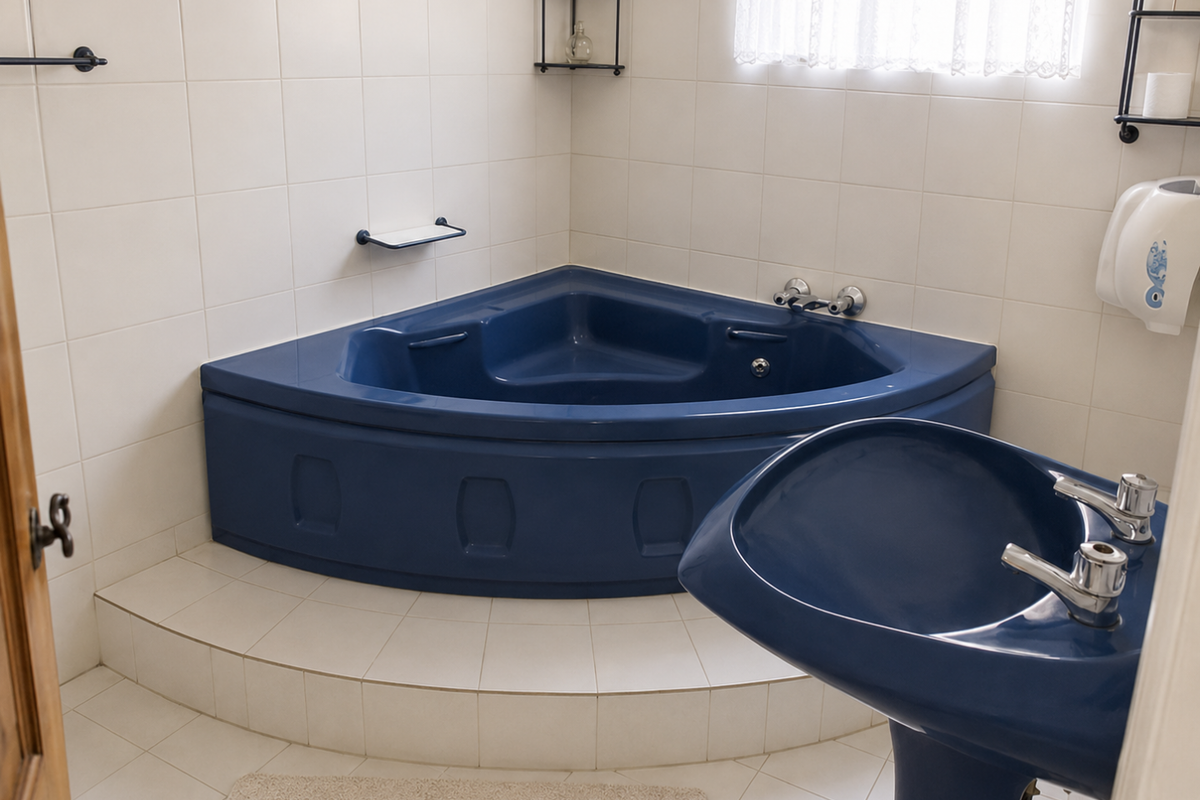 A bathroom featuring a raised corner bathtub and a matching blue pedestal basin with white wall tiling.