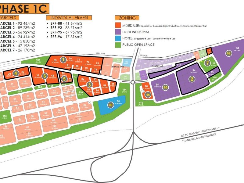A detailed site development plan for Phase 1C, outlining individual commercial and industrial erven, zoning classifications, and parcel sizes.