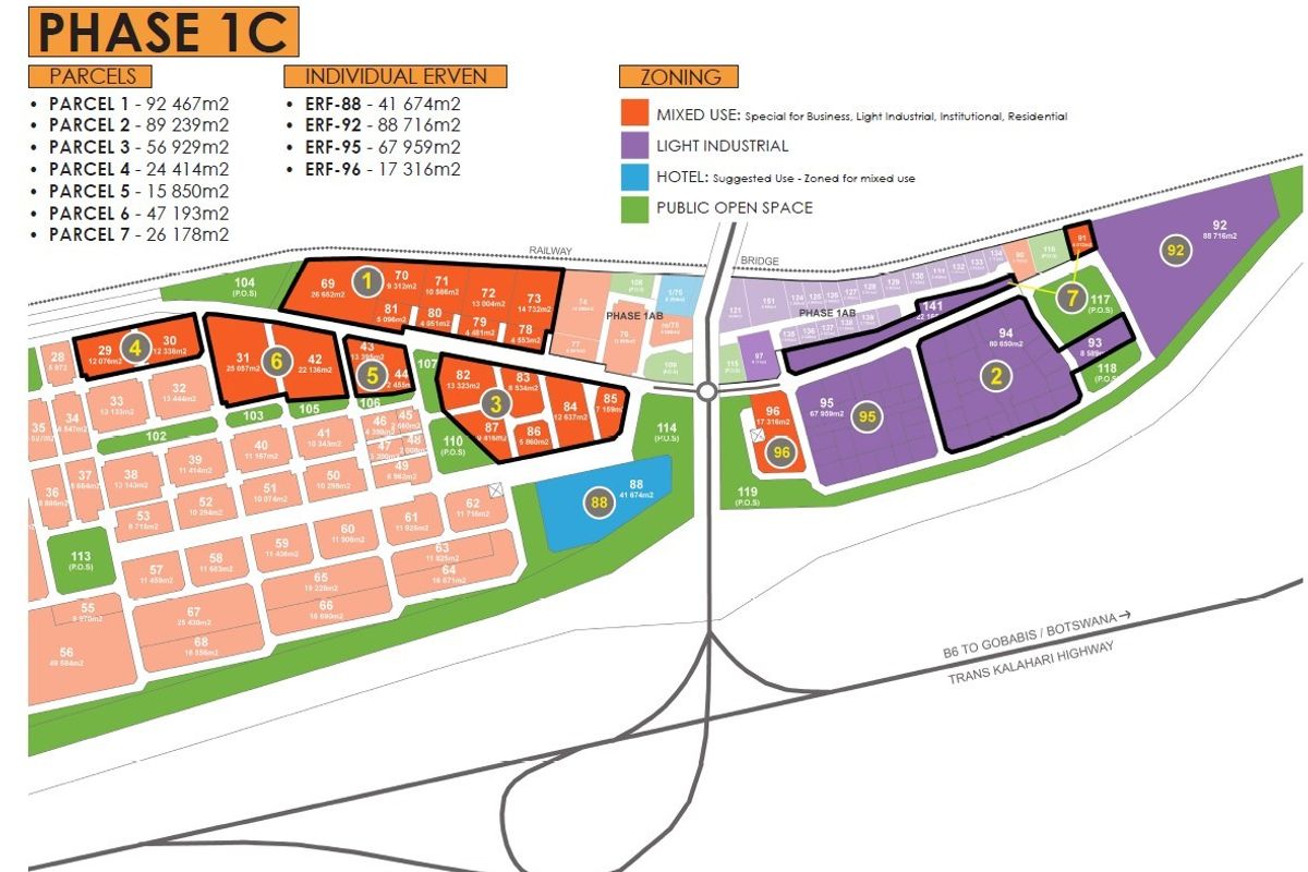 A detailed site development plan for Phase 1C, outlining individual commercial and industrial erven, zoning classifications, and parcel sizes.