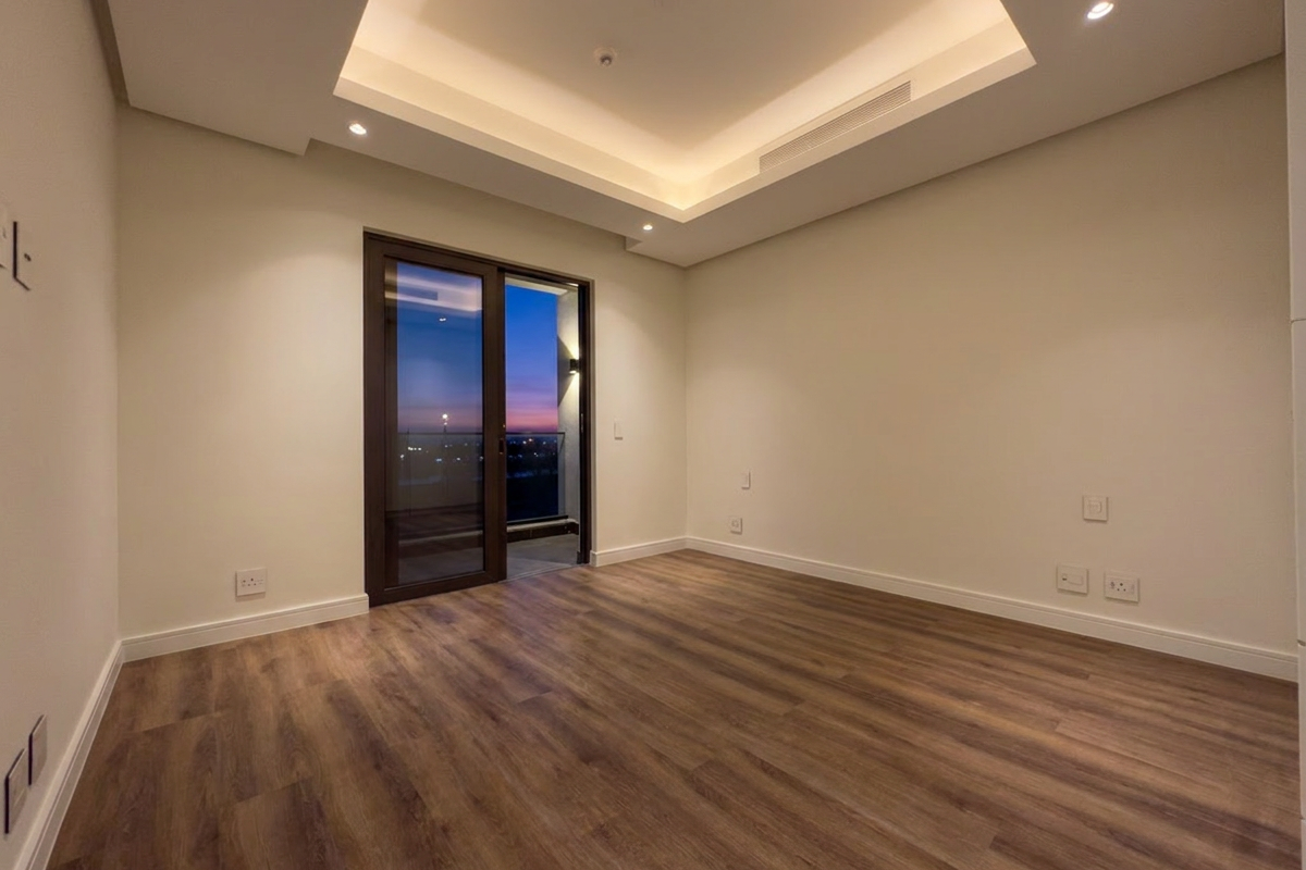 A bright, empty bedroom featuring modern wood-look flooring, a recessed tray ceiling with integrated lighting, and a sliding glass door leading to a balcony.
