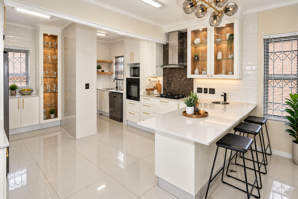 Modern, well-appointed kitchen featuring quartz countertops, subway tile backsplash, integrated appliances, and elegant glass-front cabinetry with ample storage and a breakfast bar.