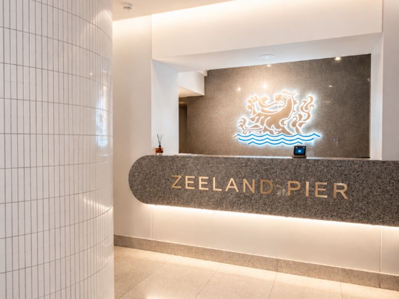 Modern apartment building entrance lobby featuring a curved tiled wall, stone flooring, and a professional reception desk with illuminated branding.
