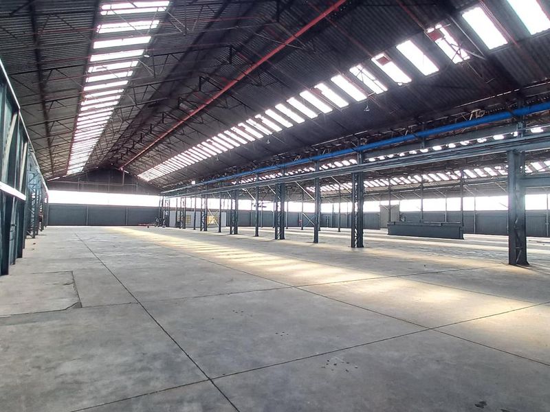Expansive industrial warehouse space featuring a high-clearance steel portal frame, concrete flooring, and natural light provided by extensive roof skylights.