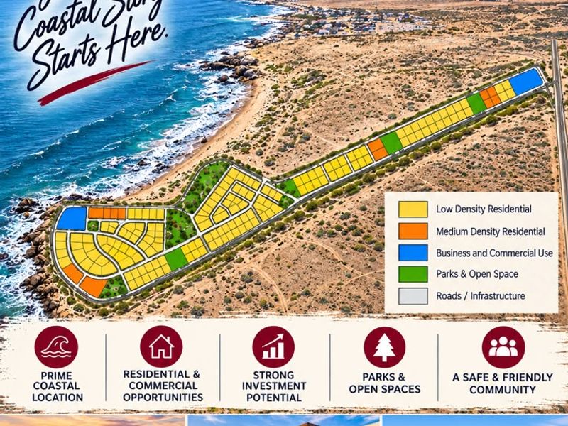 A promotional master plan overview for a coastal residential development in Henties Bay, showcasing land zoning and investment potential.