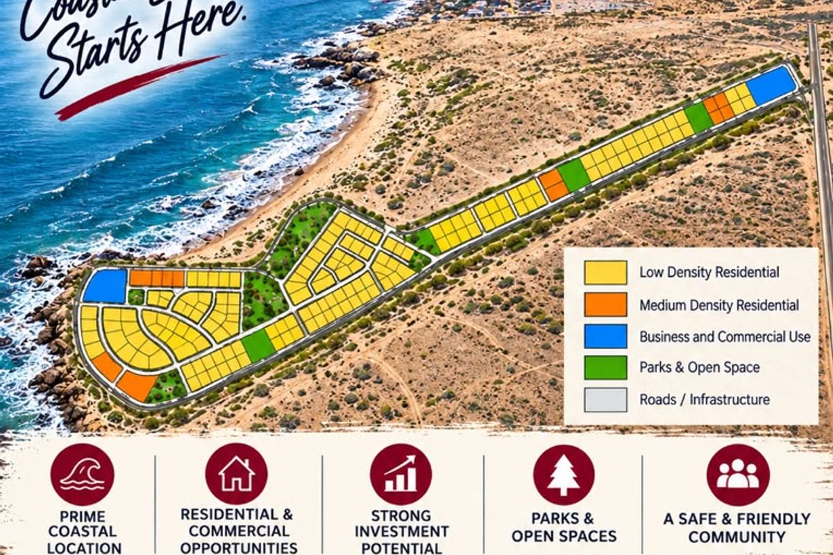 A promotional master plan overview for a coastal residential development in Henties Bay, showcasing land zoning and investment potential.