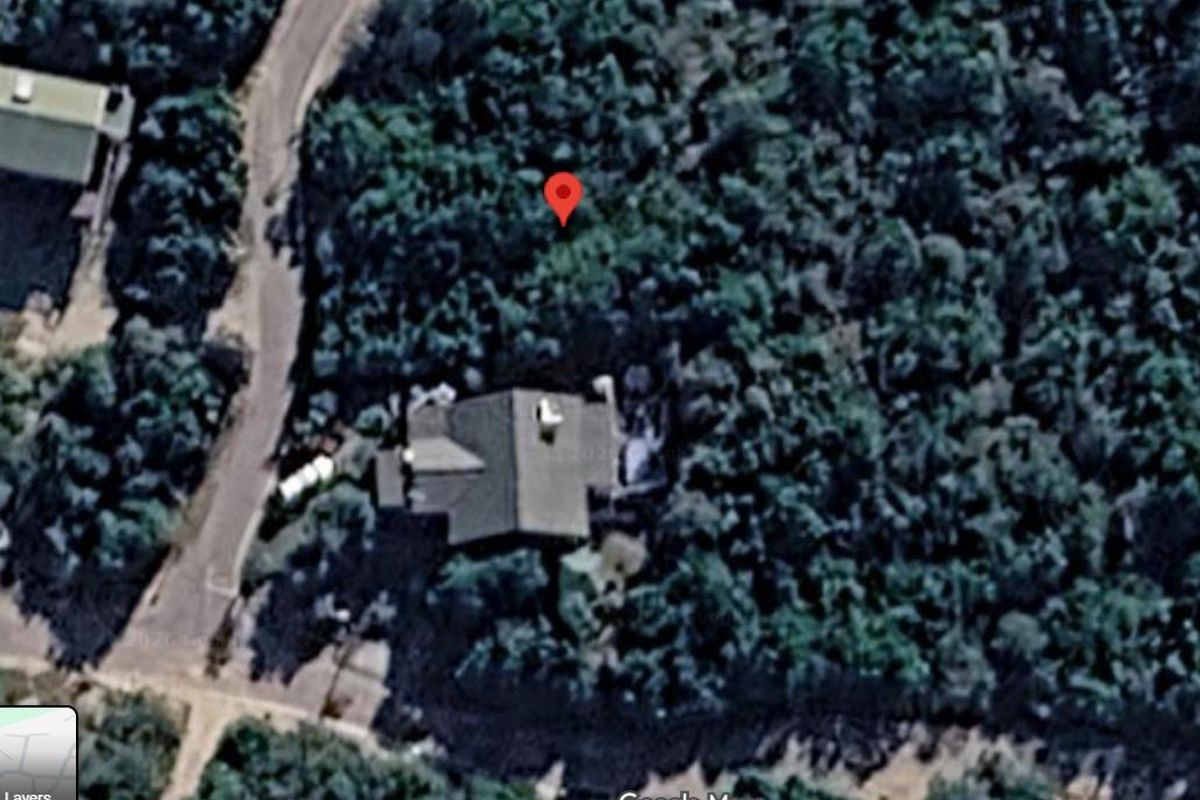 An aerial satellite view showing a residential property surrounded by dense vegetation and adjacent to a local road.