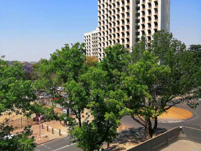 Elevated urban view overlooking surrounding streets, mature trees, and neighboring high-rise apartment buildings from a balcony perspective.
