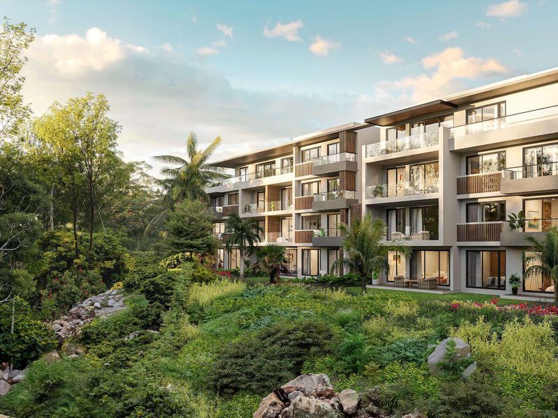 A high-quality architectural rendering of a modern multi-story residential building featuring private balconies and lush, landscaped garden surroundings.