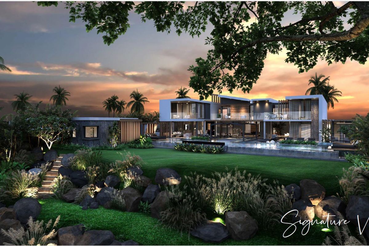 A stunning architectural rendering of a luxury villa at sunset, featuring a modern design, expansive glass facades, a private swimming pool, and landscaped gardens.