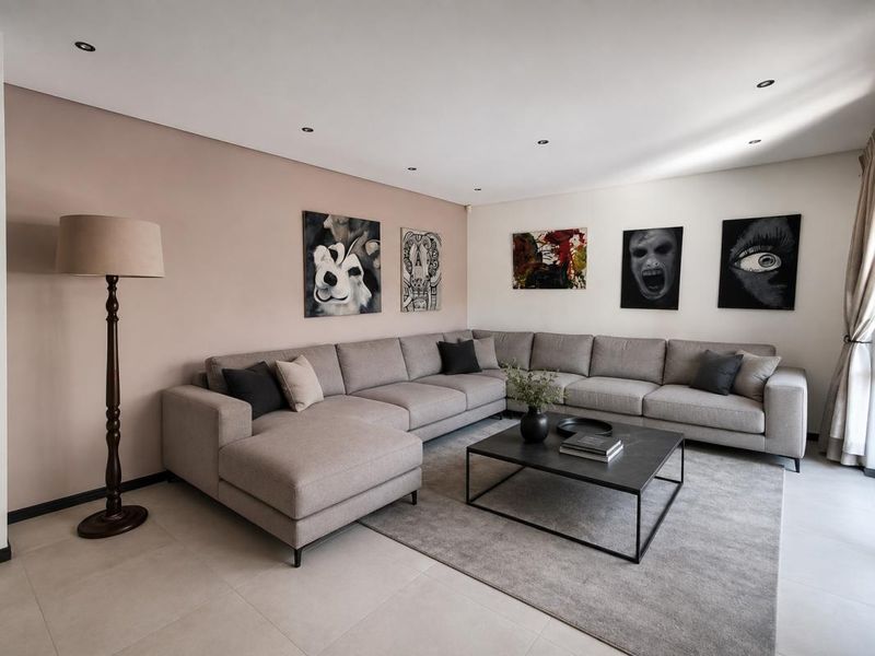A well-maintained living room featuring neutral tiled flooring and recessed downlighting, creating a clean and modern atmosphere.
