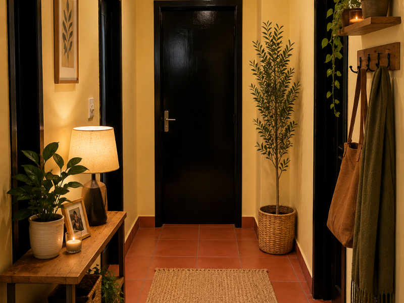 A well-lit hallway featuring terracotta floor tiles, contrasting black door frames, and multiple interior doors leading to adjacent rooms.