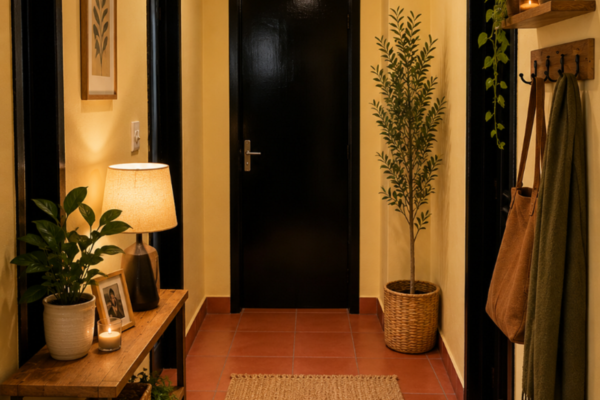A well-lit hallway featuring terracotta floor tiles, contrasting black door frames, and multiple interior doors leading to adjacent rooms.