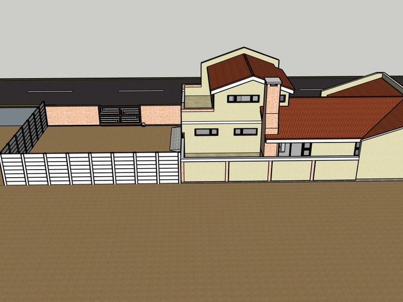 A 3D architectural rendering showing the proposed residential building design, including boundary walls, roof structure, and site layout.