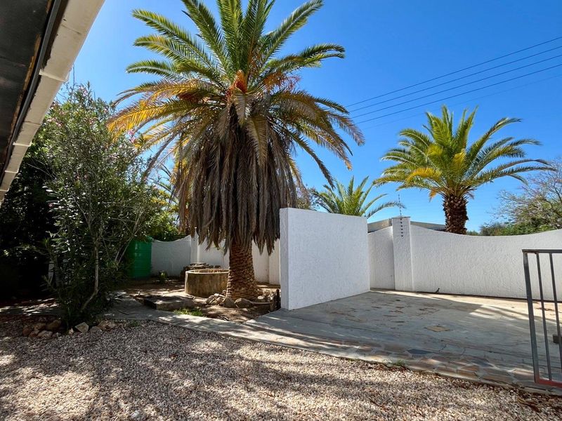 A private rear garden area featuring a paved patio, gravel landscaping, mature palm trees, and secure boundary walls.