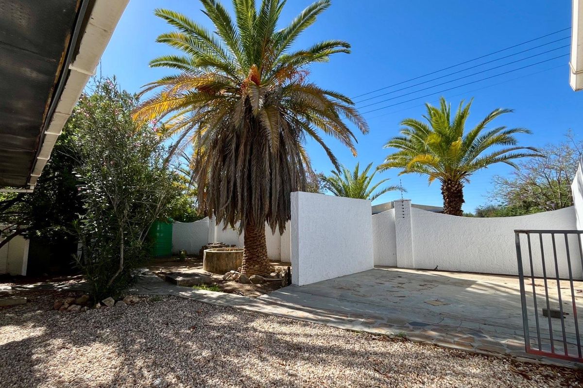 A private rear garden area featuring a paved patio, gravel landscaping, mature palm trees, and secure boundary walls.