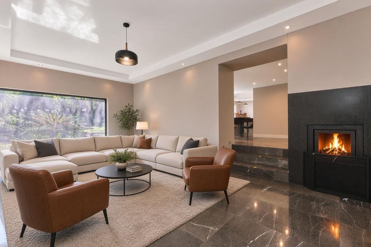 Spacious living room featuring polished stone flooring, a modern built-in fireplace, recessed lighting, and a large picture window overlooking the garden.
