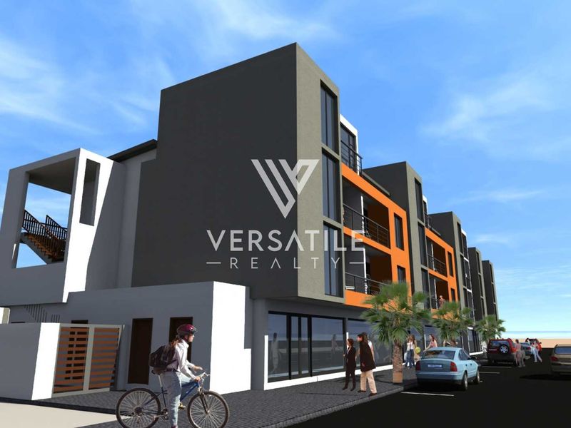A digital architectural rendering of a modern multi-story retail and residential building featuring contemporary facade design and balconies.