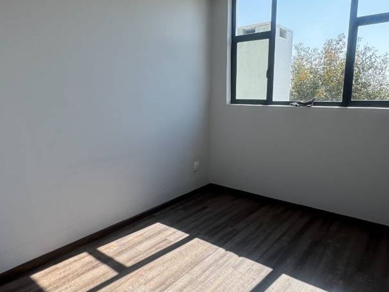 A bright, empty bedroom featuring modern laminate flooring, recessed downlighting, and large aluminium-framed windows allowing for ample natural light.