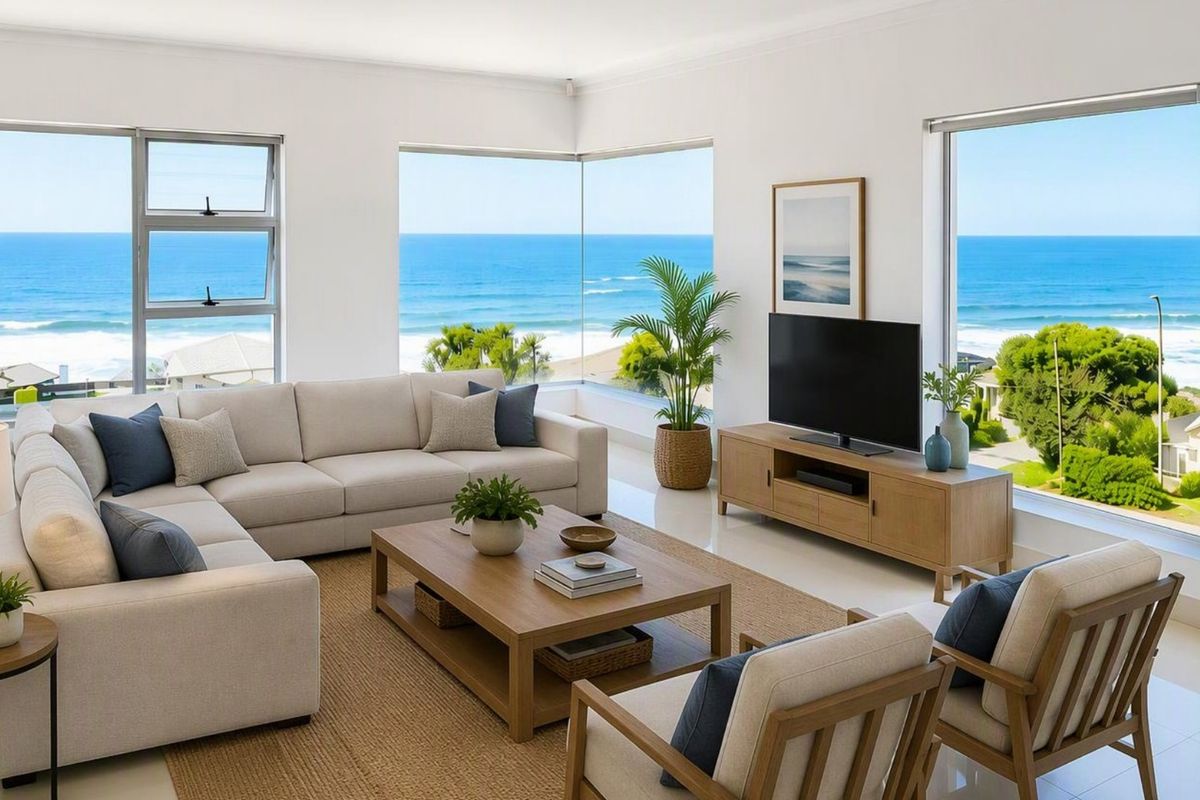 Bright and modern living room featuring expansive corner windows with panoramic ocean views and high-quality tiled flooring.