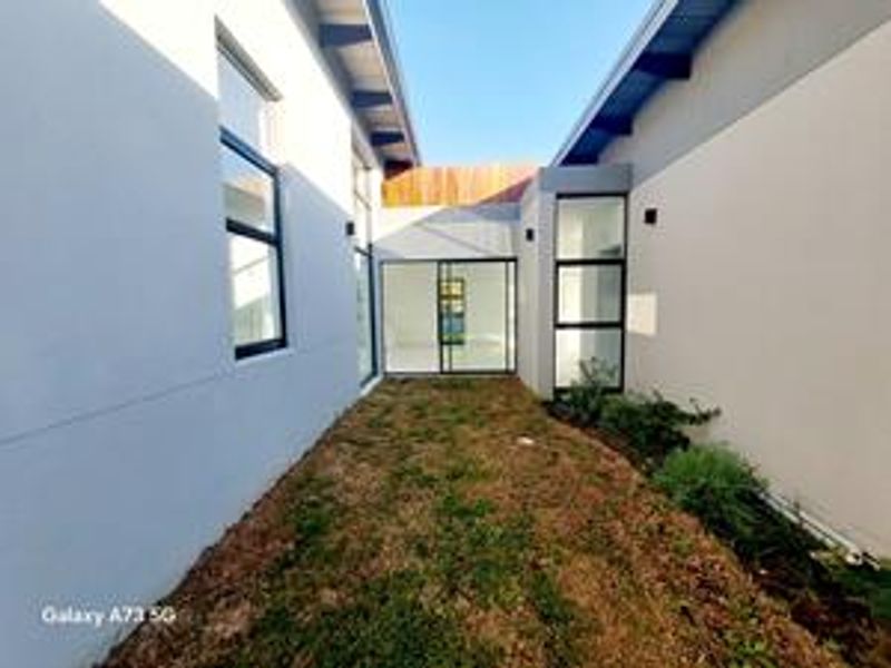 A modern rear courtyard area featuring large glass sliding doors, expansive windows, and contemporary architectural finishes with a newly landscaped garden space.