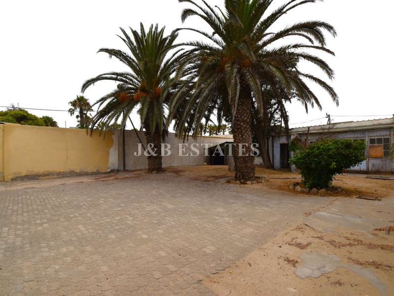 An exterior view of a retail property featuring a paved courtyard area, mature palm trees, and boundary walls requiring maintenance and refurbishment.