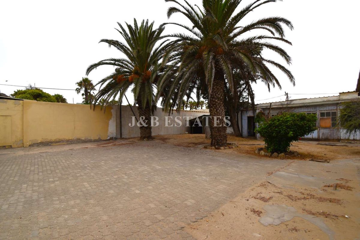 An exterior view of a retail property featuring a paved courtyard area, mature palm trees, and boundary walls requiring maintenance and refurbishment.