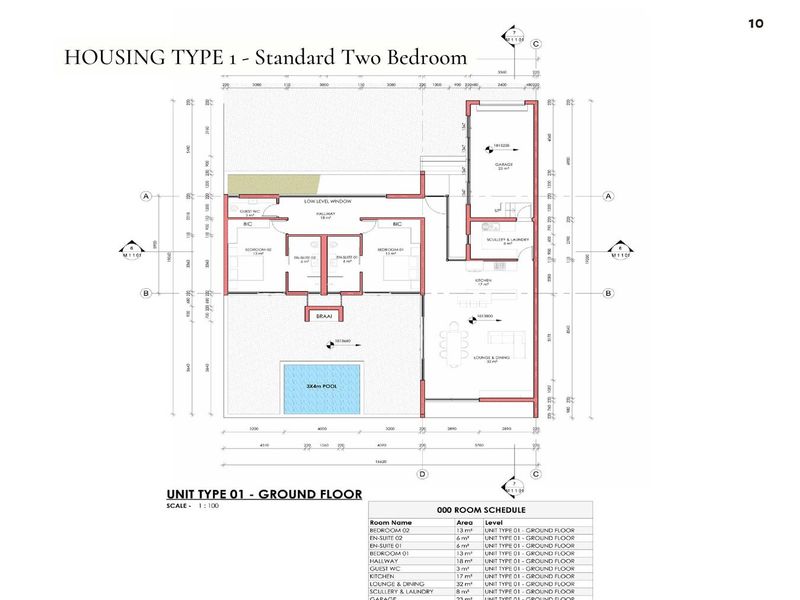 Architectural floor plan for a standard two-bedroom townhouse unit, featuring a lounge, dining area, kitchen, scullery, laundry, garage, and private pool.