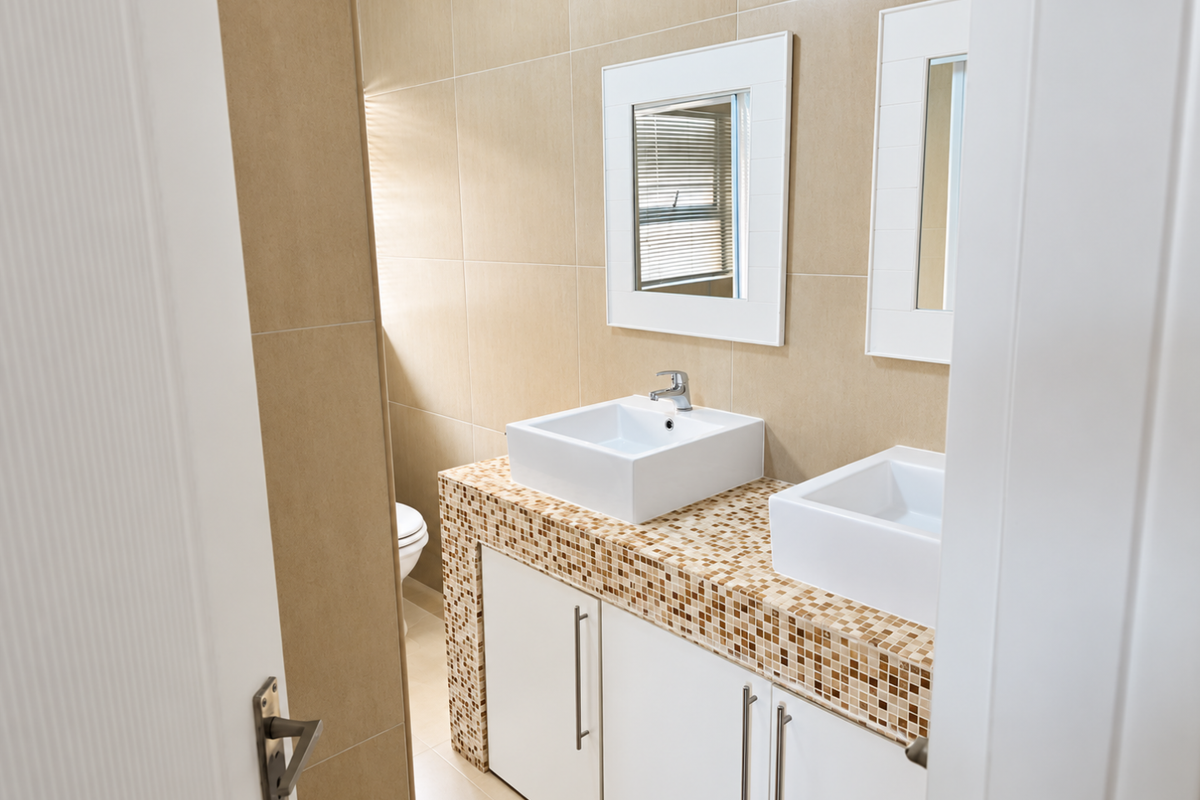 Modern bathroom featuring a double vanity with vessel sinks, mosaic tile countertop, and wall-mounted mirrors, finished with neutral wall tiling.