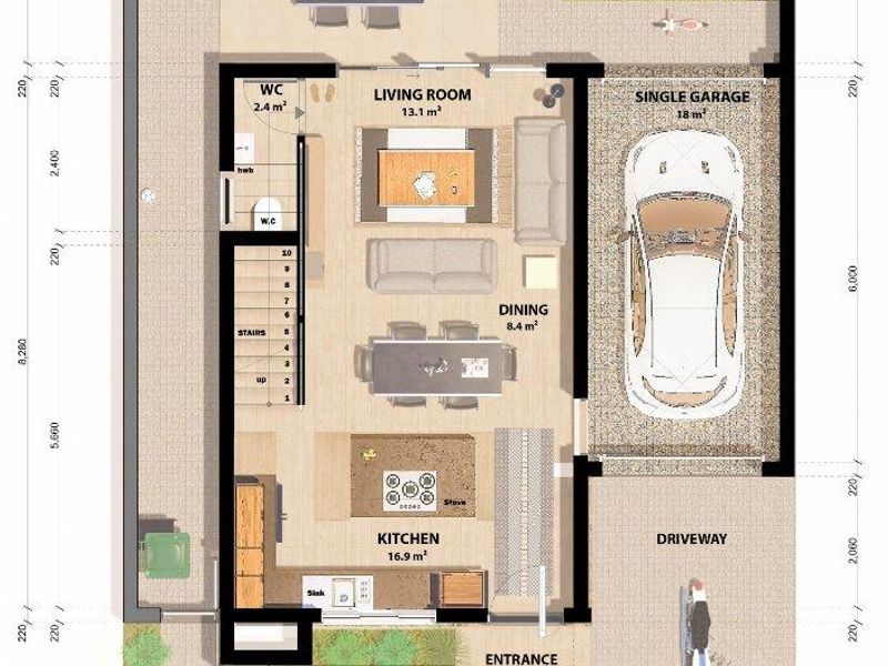A detailed ground floor plan for a two-bedroom townhouse, featuring an open-plan kitchen, living and dining area, single garage, and an entertainment braai area.