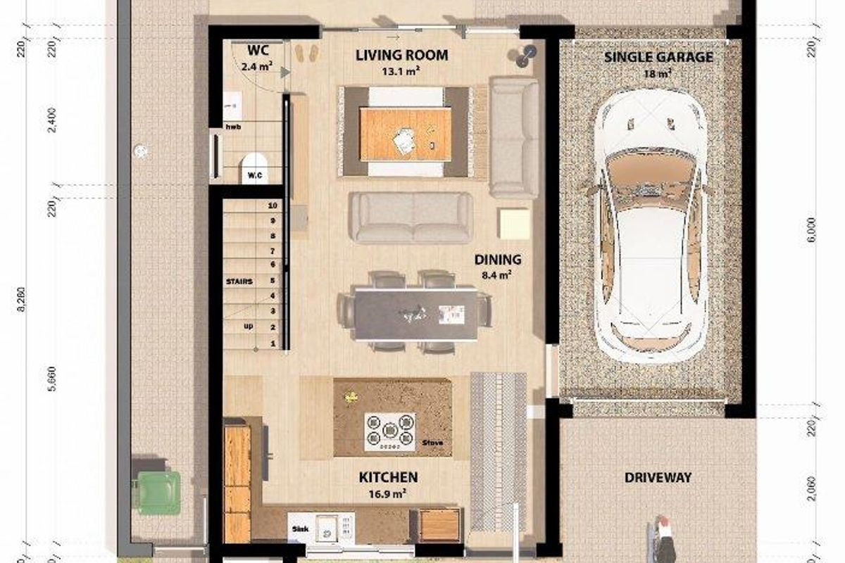 A detailed ground floor plan for a two-bedroom townhouse, featuring an open-plan kitchen, living and dining area, single garage, and an entertainment braai area.