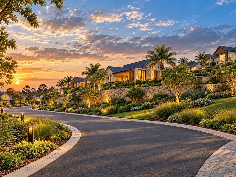 A beautifully landscaped residential street view featuring a winding asphalt driveway, stone retaining walls, and lush garden beds at sunset.