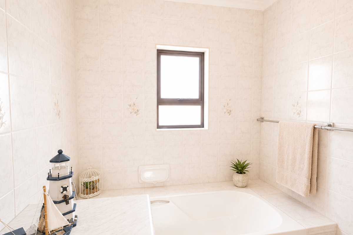 A clean bathroom featuring a built-in bathtub with full-height wall tiling and a small window for natural light.