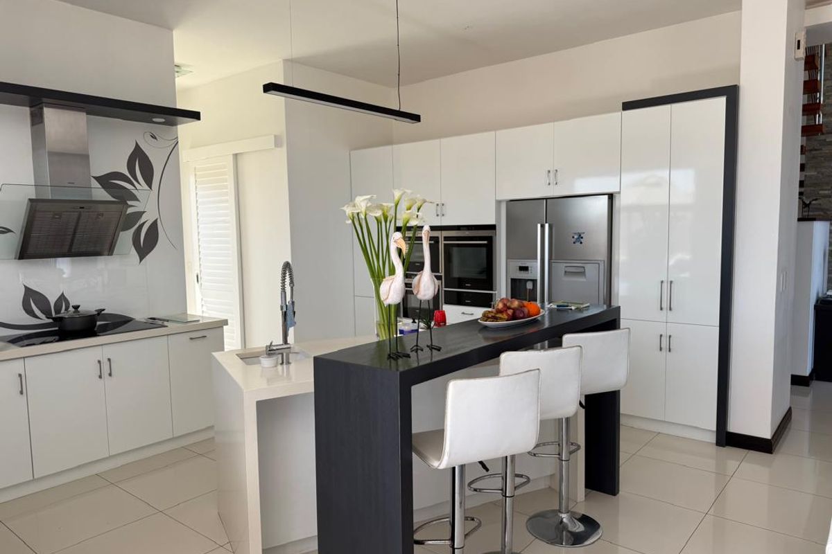 Modern kitchen featuring high-gloss white cabinetry, a contrasting dark breakfast bar island, integrated appliances, and sleek pendant lighting over a tiled floor.